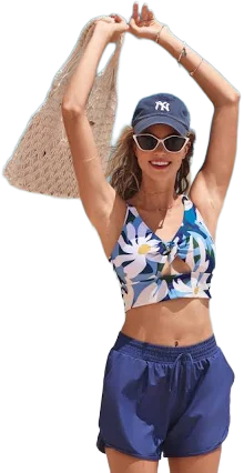 Adjustable Strap Blue Floral Bikini Top with Boy Shorts and Romantic