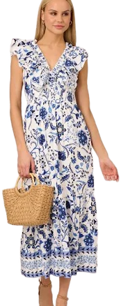 Adrianna Papell Women's Floral Print Ruffle V-Neck Midi Dress