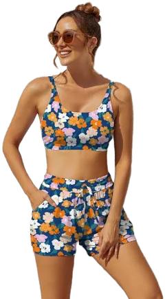 Floral Scoop Neck Bikini Top with Boy Short Set