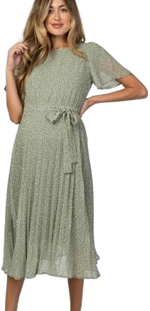 Pinkblush Light Olive Leaf Print Pleated Maternity Midi Dress