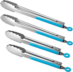 304 Stainless Steel Kitchen Cooking Tongs,9" and 12" Set of 4 Sturdy Grilling Barbeque Brushed Locking Food Tongs with Ergonomic Grip, Blue 9" & 9" & 12" & 12" Blue