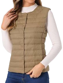 Women's Puffer Vest Sleeveless Lightweight Button Up Quilted Round Neck Jacket Coat, Size: Small, Camel