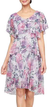 Ignite Evenings Women's Floral Short Sleeve Tiered Metallic Cocktail Dress