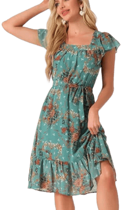 Allegra K Women's Floral Chiffon Flutter Sleeve Belted Square Neck Dress