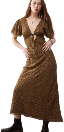 Reclaimed Vintage Floral Maxi Tea Dress with Keyhole and Lace