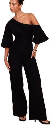 Black Woven Asymmetric Short Sleeve Wide Leg Jumpsuit
