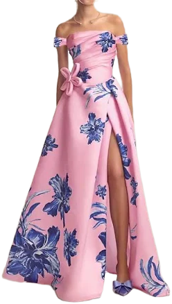 A-Line Evening Gown Floral Print Elegant Dress Formal Evening Party Floor Length Detachable One Shoulder Sleeve and Flowers with Pleats and Slit