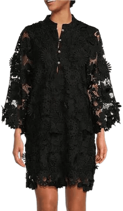 J.Marie Seraphina Floral 3D Lace Split Round Button Up Neck Long Sleeve Shift Dress