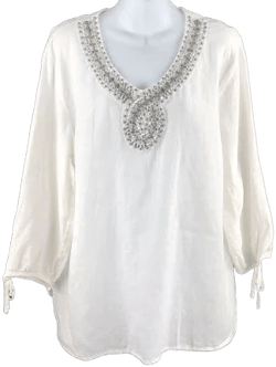 Jm Linen Beaded Scoop Neck Flowy 3/4 Tie Sleeve Peasant