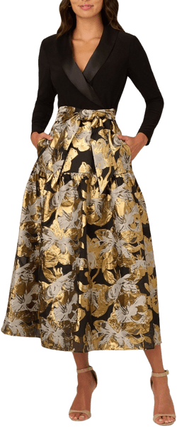 Adrianna Papell Women's Floral Jacquard Lapel V-Neck Long Sleeve Midi