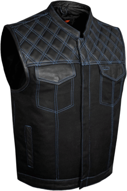 GARGOYLE BELLS Men's Denim & Leather Motorcycle Vest with Gun Pockets SOA Biker Club Vest with Diamond Padding For Riding 54 Black With Blue Thread