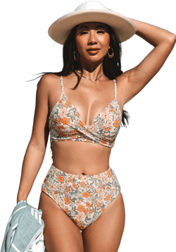 Cupshe Women's Floral Print Twist Bralette & Spliced High Waist Bikini Set