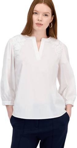 Tahari Women's Lace-Trim Split-Neck 3/4-Sleeve Top
