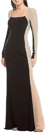 Xscape Evenings Women's Crystal Contrast Long Sleeve Dress - Blue - Gowns