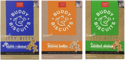 Buddy Biscuits Original Itty Bitty All Natural Treats For Dogs 3 Flavor Variety Bundle: (1) Buddy Biscuits Itty Bitty All Natural Peanut Butter, (1) Buddy Biscuits Itty Bitty All Natural Bacon Cheese, and (1) Buddy Biscuits All Natural Roasted Chicken, 8 O