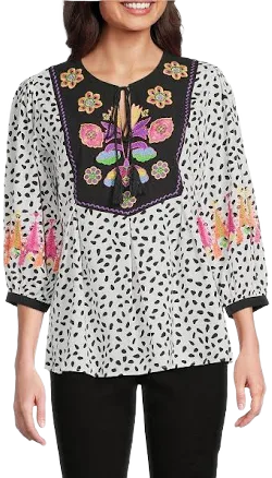 Calessa Size Embroidered Floral Round Split Neck 34 Sleeve Tassel Tie Tunic Womens