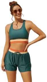 Teal Colorblock Zipper Back Sporty Boy Bikini Set