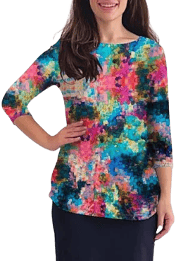 Curved Side Hem Tunic with 3/4 Sleeves and Modest Crew Neckline