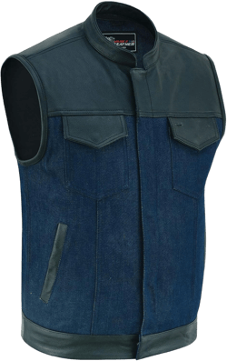 Vance Leather Men's Denim & Leather Motorcycle Vest with Dual Conceal Carry Pockets, SOA Biker Club Vest 5X-Large Denim Blue