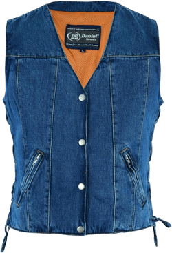 Daniel Smart Women Denim Vest V-Shaped Neck Design Black Jean Motorcycle Vest with Side Laces & Inside Carry Pockets X-Small Blue