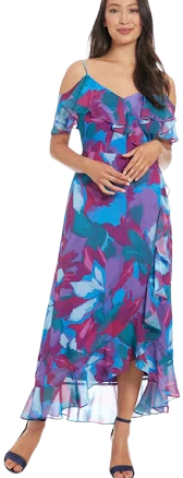 London Times Women's Petite Printed Cold-Shoulder Ruffle Chiffon Maxi Dress