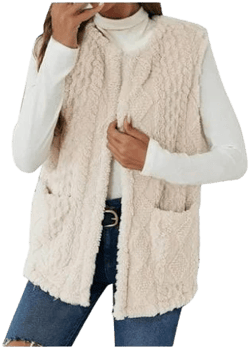 Women's Sleeveless Round Neck Fuzzy Fleece Vest with Pockets