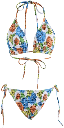 Colorful Flower Shirring Bikini Set
