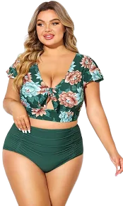 Women's Retro Floral Print Bikini Top with Sleeves