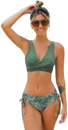 Cupshe Green Tropical Floral Back Tie Bralette & Tie Side Bikini Set