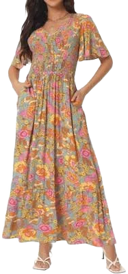 Women's Floral Short Flutter Sleeve V Neck Smocked High Waist Flowy Maxi