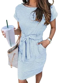 Women's Casual Striped T-Shirt Dress with Pockets