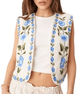 Yas Festival Boho Floral Embroidered Open Vest