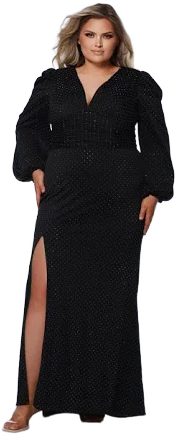 Flawless Factor Women's V-Neck Puff Sleeve Slit Evening Dress