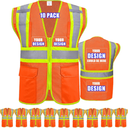 BeautyWill Custom Safety Vest Customized Logo Class 2 High Visibility Reflective Vest with Pockets Construction workwear A-orange-10pack X-Large