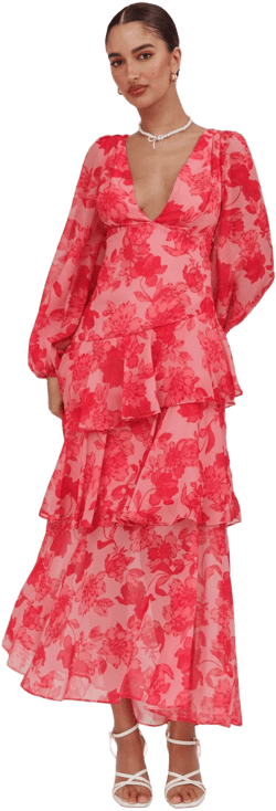 Angel Biba Women's Floral Long Sleeve Tiered Ruffle Maxi Dress