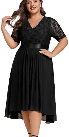 Ever-Pretty Asymmetrical Midi Lace Evening Dress with Half Sleeves