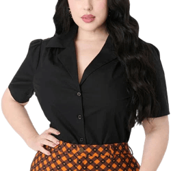 Unique Vintage Women's Plus Size 1940s Short Sleeve Collared Button Down Blouse
