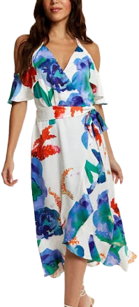 Floral Print Wrap Midi Dress with Long Sleeves