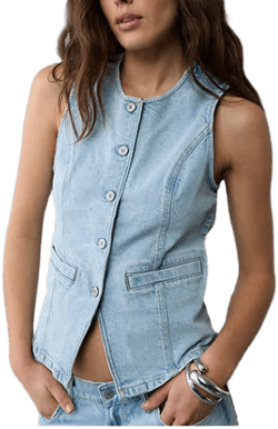 AE Women's Crew Neck Button-Up Denim Vest