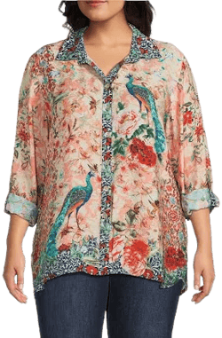 John Mark Women's Floral Point Collar Long Roll-Tab Sleeve Tunic