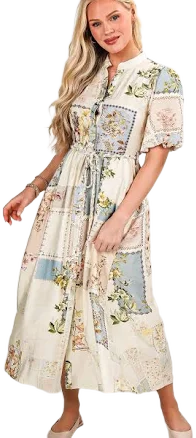 DressUp Natural Floral Puff Sleeve Maxi Dress