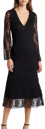 Bell Lace Overlay Long Sleeve Midi Dress