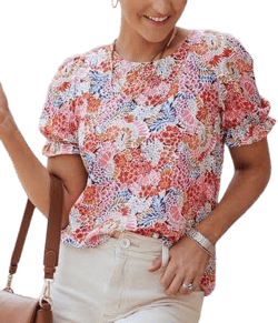 Amaryllis Women's Floral Print Puff Sleeve Blouse with Ruffle Trim