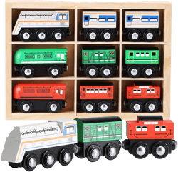Wooden Train Set 9 PCS - Train Toys Magnetic Set Includes 3 Engines - Toy Train Sets for Kids Toddler Boys and Girls - Compatible with All Major Brands 9pcs Classic Trains