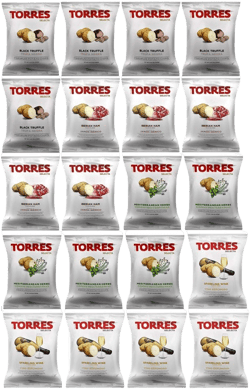 Torres Spanish Papas Fritas Potato Chips 4 Flavor Variety Pack Black Truffle, Mediterranean Herb, Sparkling Wine, Iberico Ham (20)