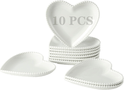 OMAYKEY 6.3 Inch Ceramic Dessert Plates Set of 10, Small Salad Plates, Porcelain Heart Shaped Appetizer Plates, Dinner Plates for Cake, Snack, Ice Cream, Microwave, Oven, Dishwasher Safe, White