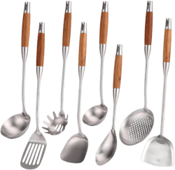 Stainless Steel Kitchen Cooking Utensils set with Wooden Handle,8 Pieces Metal Utensils,Ergonomic and comfortable serving Utensils, Soup Ladle Spoon,Turner Skimmer set