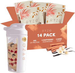 RYZE SUPERFOODS Mushroom Overnight Oats, Oatmeal with 6 Adaptogenic Mushrooms and 20g Grass-Fed Whey Protein & Chia Seeds, Lions Mane, Turkey Tail, Shiitake, Reishi, Healthy Breakfast, 14 servings