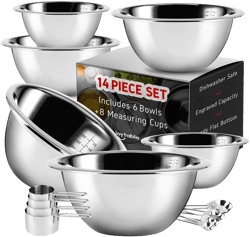 JoyTable Premium Stainless Steel 14 Piece Mixing Bowl Set With Measuring Cups And Measuring Spoons