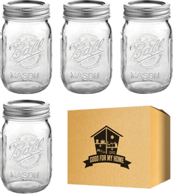 Mason Jars 16 Oz with Lids Bundle. Four-Ball Mason Jars with Lids in a Box. Ball Jars are Great Canning Jars, Pickle Jars and Also for DIY Kitchen Decor!, Clear, GFMH-BMWM-003